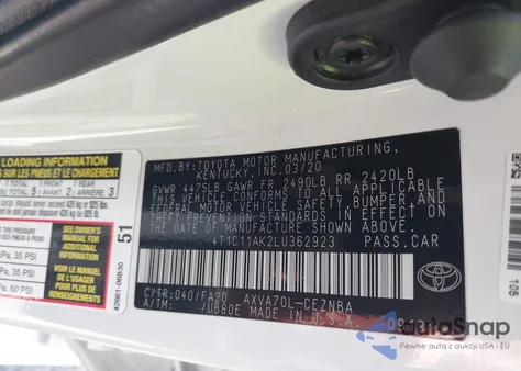 2020 Toyota Camry Le из США, поврежденный, VIN 4T1C11AK2LU362923